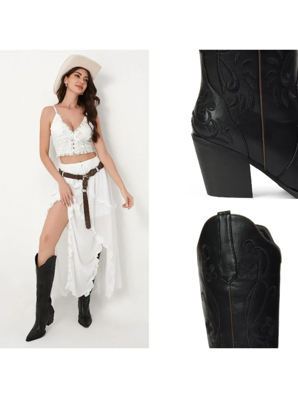 Women's Black pu Knee High Floral Embroidered Vintage Cowgirl Boots